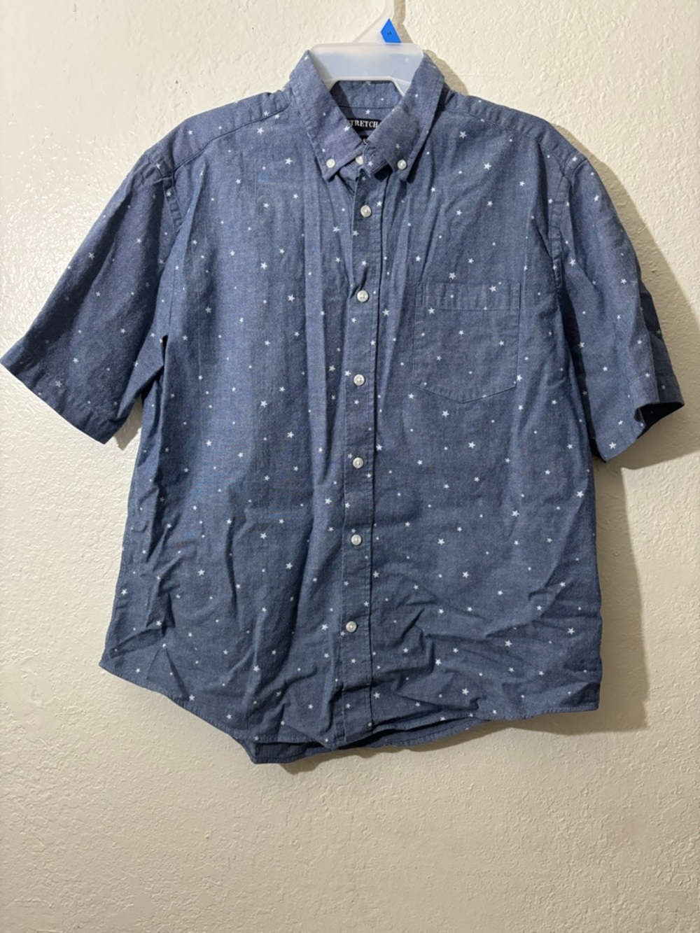 Stretch Denim Blue Star Print Short-Sleeve Button-Down Shirt